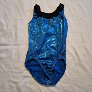 GK Elite CM Blue Black Foil Leotard Gymnastic embroidered EUC